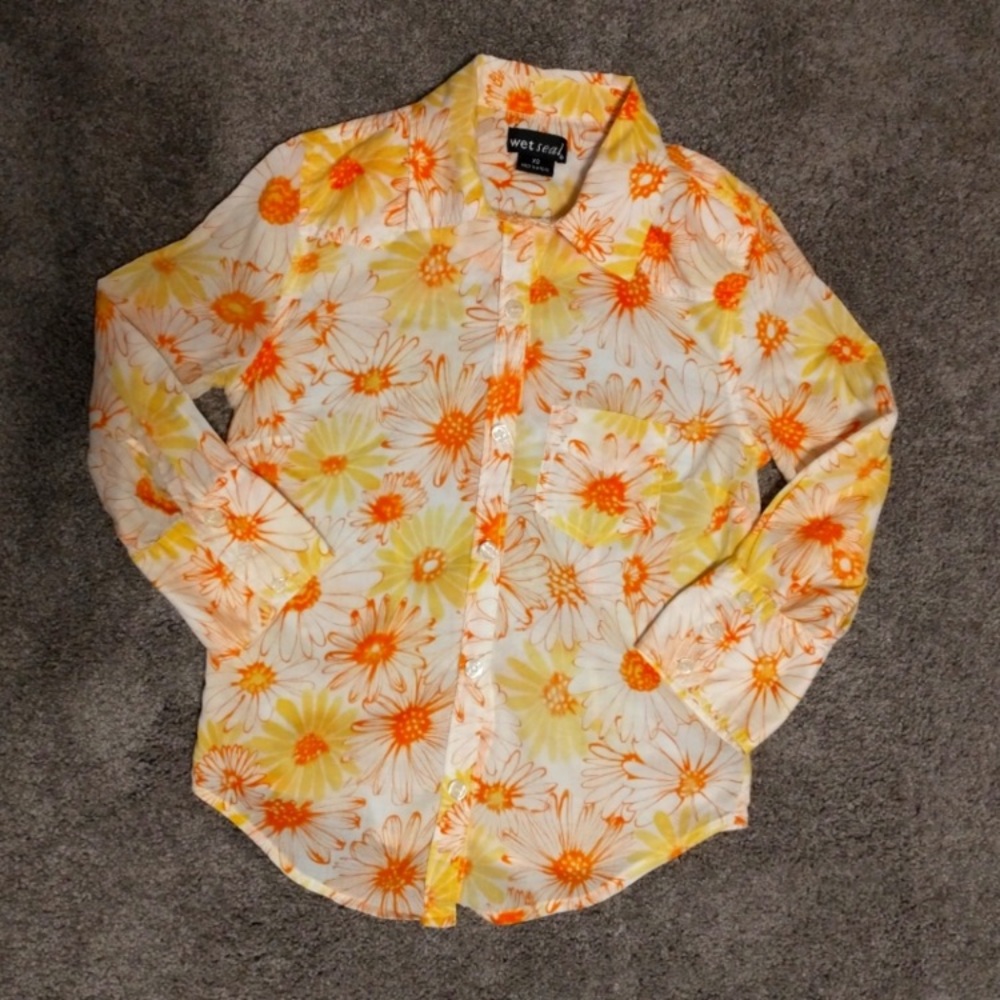 Y2K Wet Seal Collared Shirt Retro Floral 70s Wide Sleeve Hem Button Down XS - Picture 4 of 13
